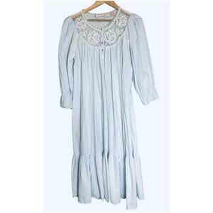 Vintage 80s Cotton Crochet Trim Long Nightgown Womens Small Granny Grandma Blue
